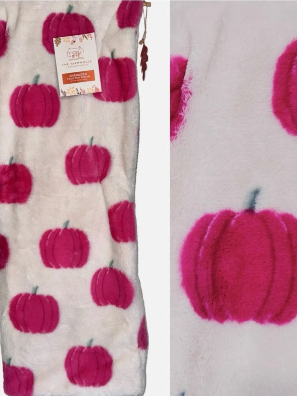 Rachel Ashwell Hot Pink Pumpkin Faux Fur Throw Blanket Fall Decor 50x70 NEW